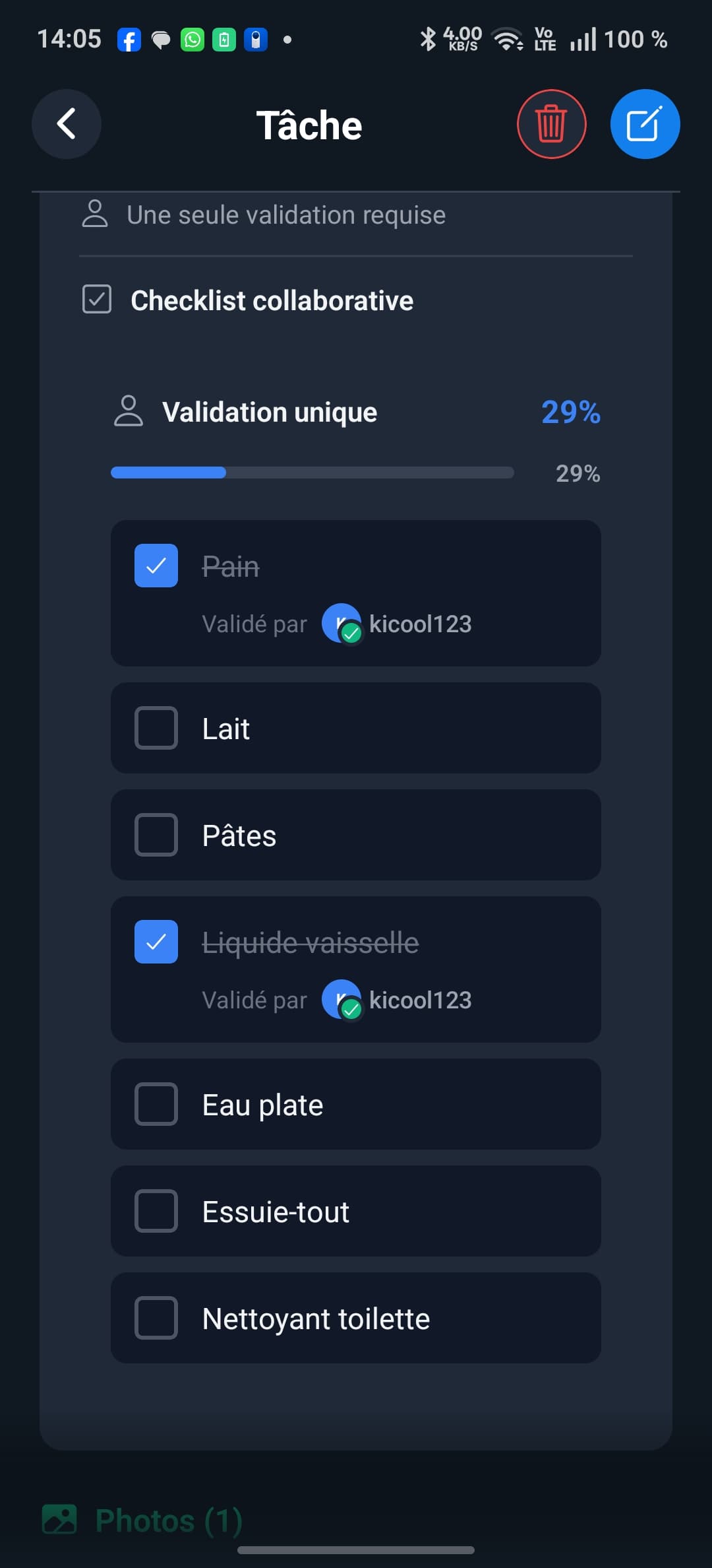 Checklist collaborative - Items cochés avec validation par utilisateur