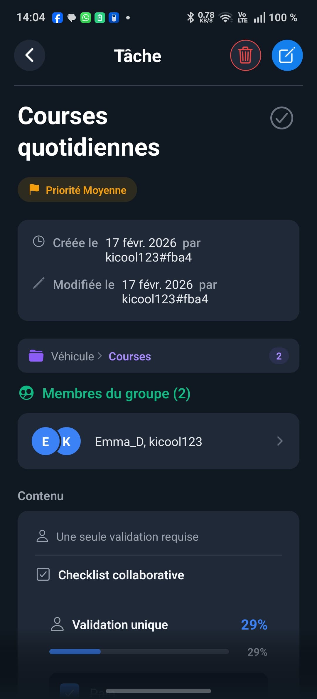 Tâche partagée - Vue détail avec membres du groupe et checklist collaborative