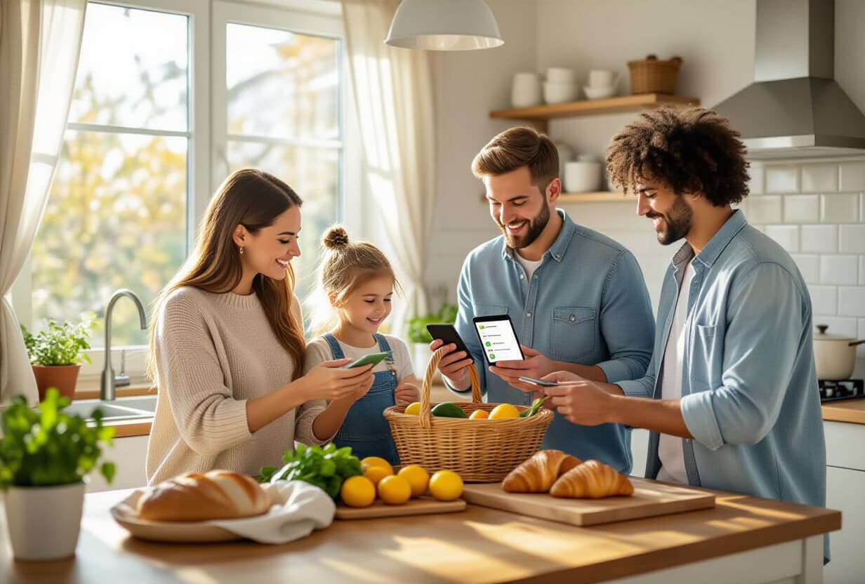 Lista de compras compartida para una familia de cuatro: una sola carpeta para comidas, preparación de comidas y el domingo en el mercado
