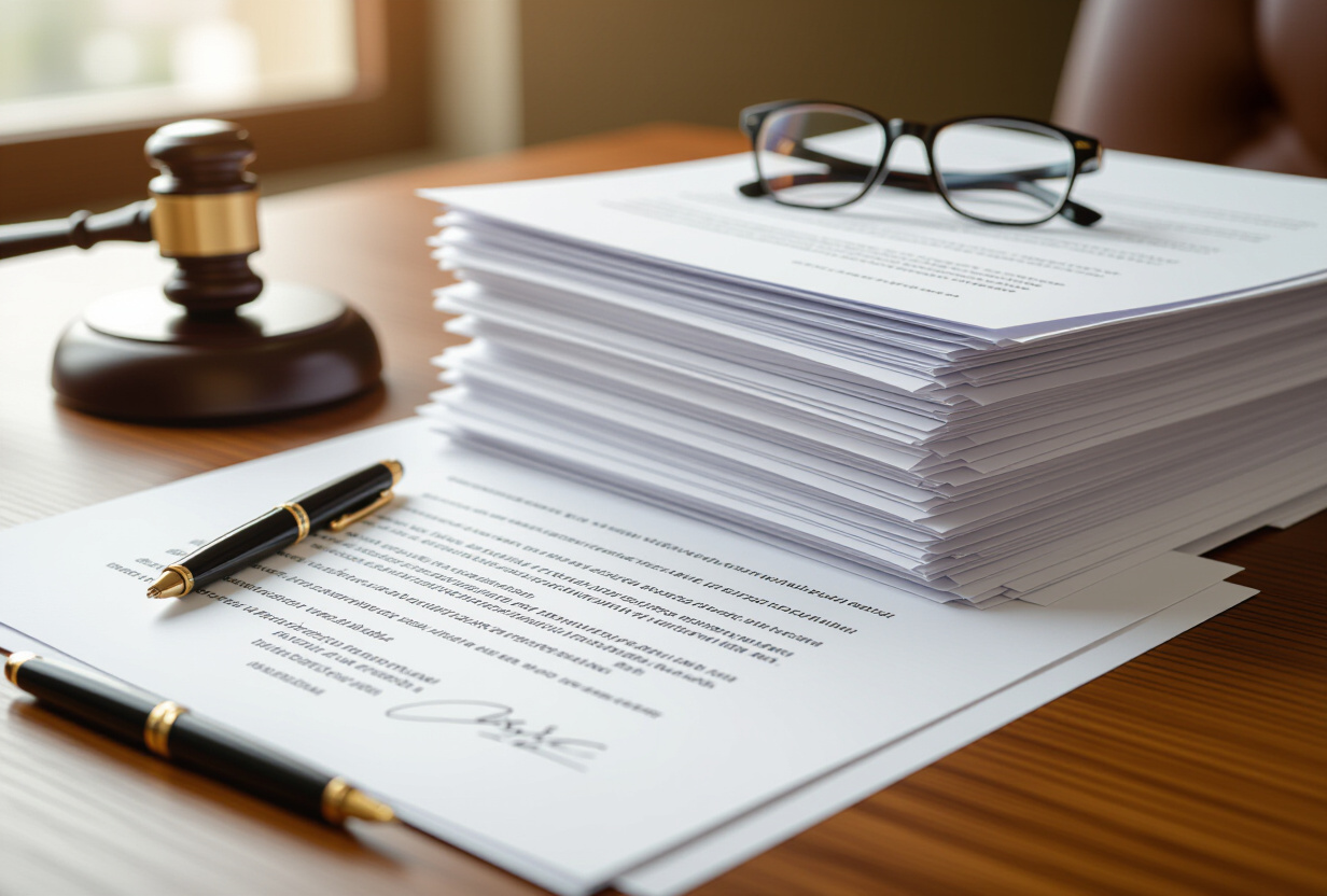 Pile de documents legaux et contrats sur un bureau en bois, stylo et lunettes de lecture