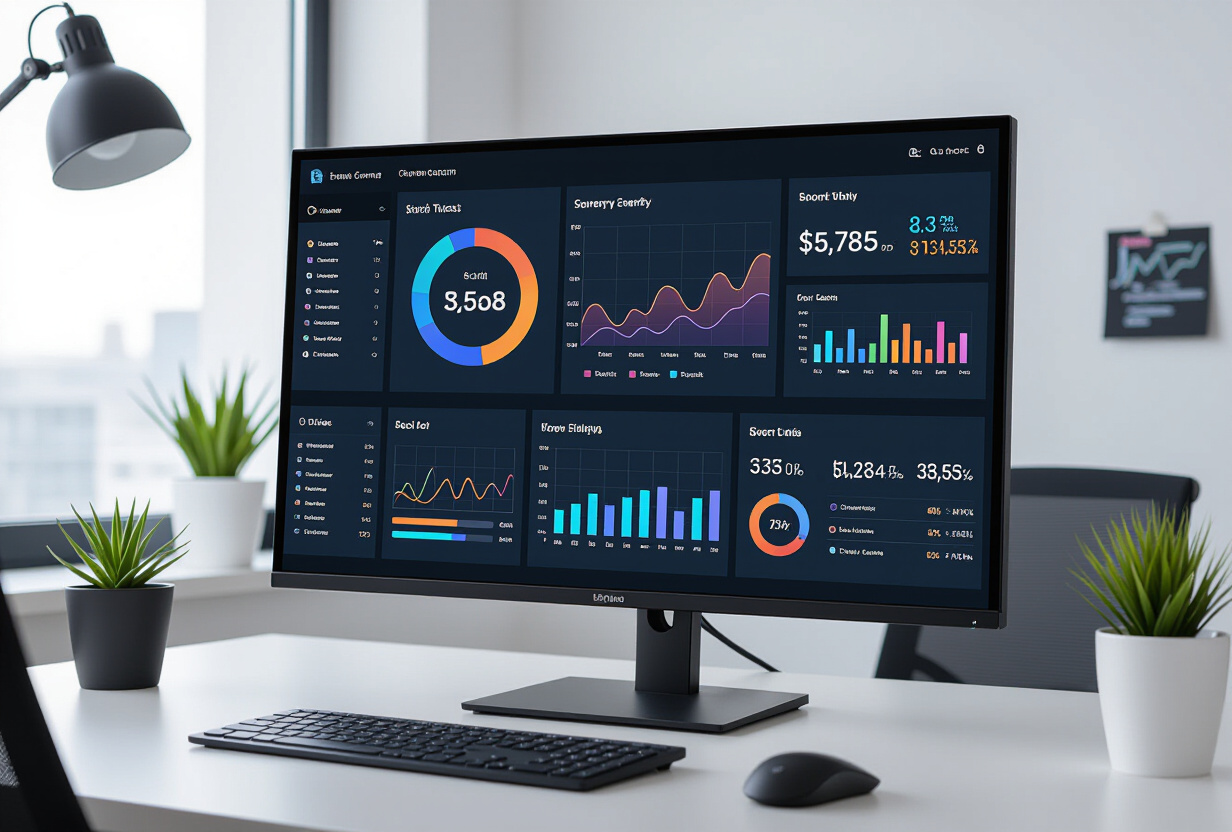 Grand moniteur affichant un tableau de bord analytics avec graphiques colores et metriques en temps reel