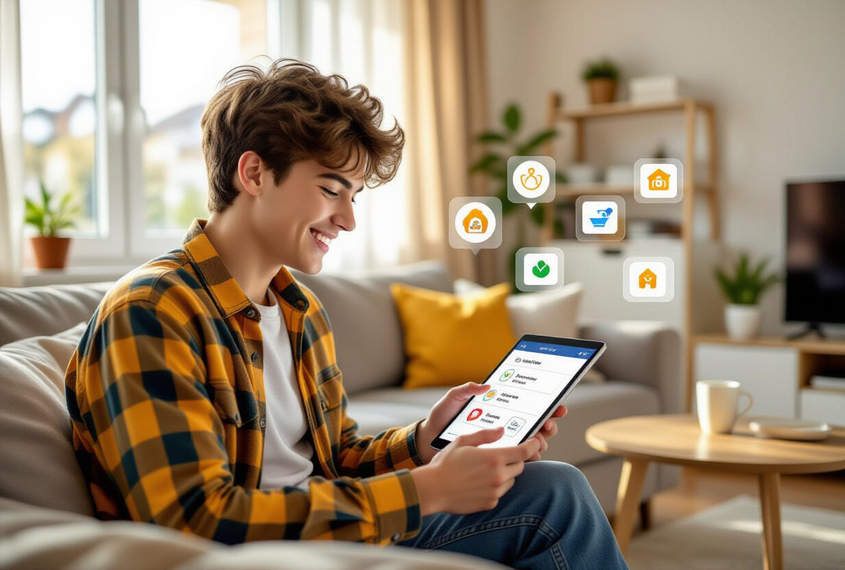 Adolescent completant des taches menageres avec une application de gamification affichant des badges et des points