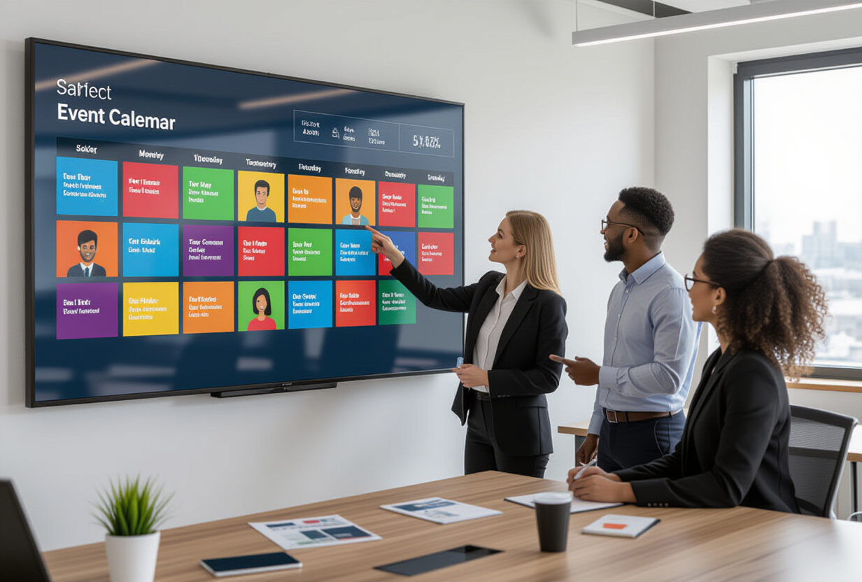 Equipe de professionnels regardant un grand calendrier numerique avec des blocs d evenements colores et des avatars de participants