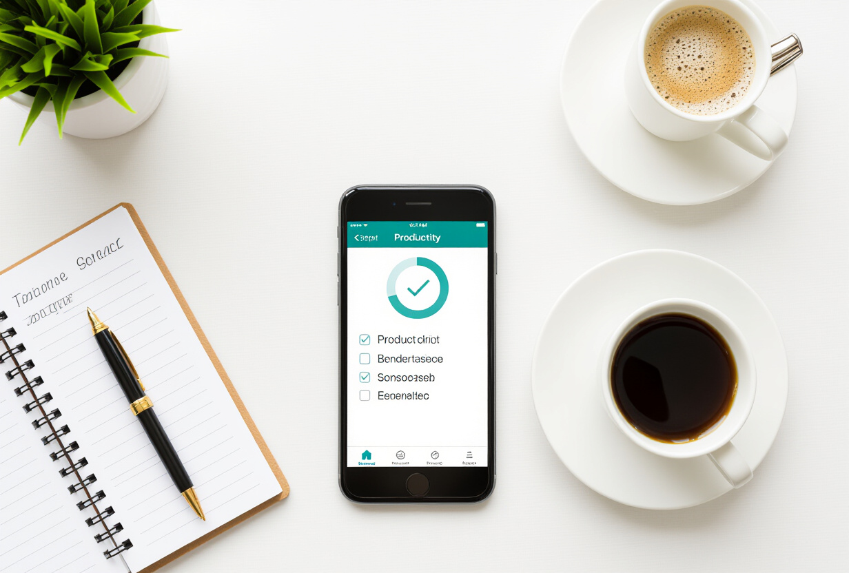 Vue aerienne d'un bureau minimaliste avec smartphone affichant une application de productivite, carnet et cafe