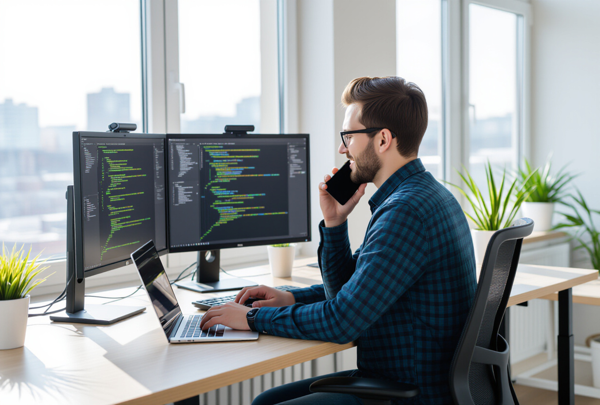 Jeune entrepreneur utilisant les commandes vocales sur son telephone dans un bureau moderne eclaire par la lumiere naturelle