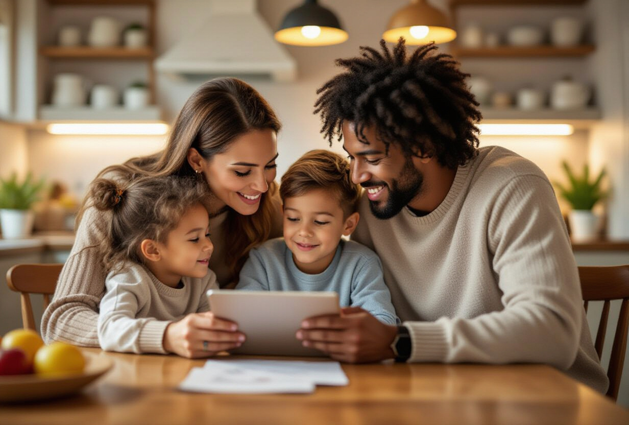 Famille reunis autour d'une table de cuisine regardant ensemble une tablette pour organiser leurs taches collaboratives