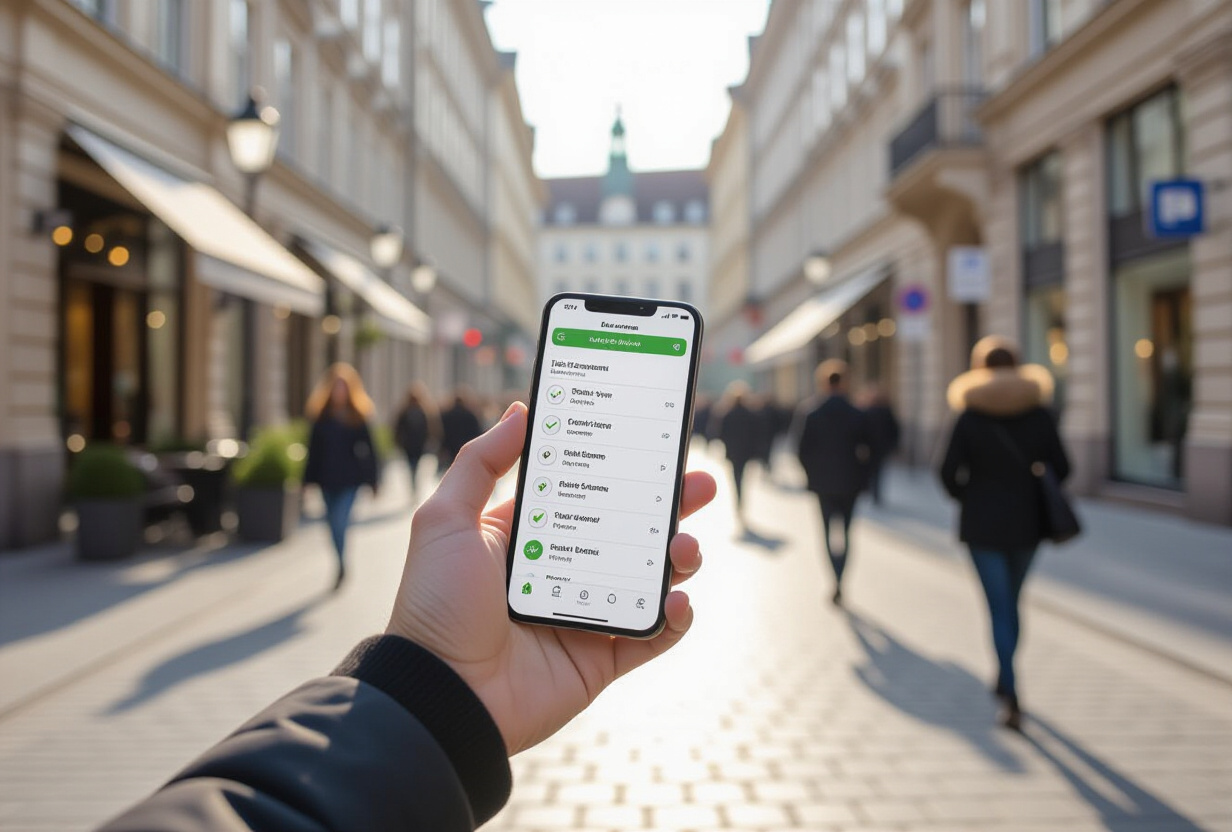 Personne utilisant la commande vocale sur son smartphone pour creer des taches en marchant dans une ville europeenne