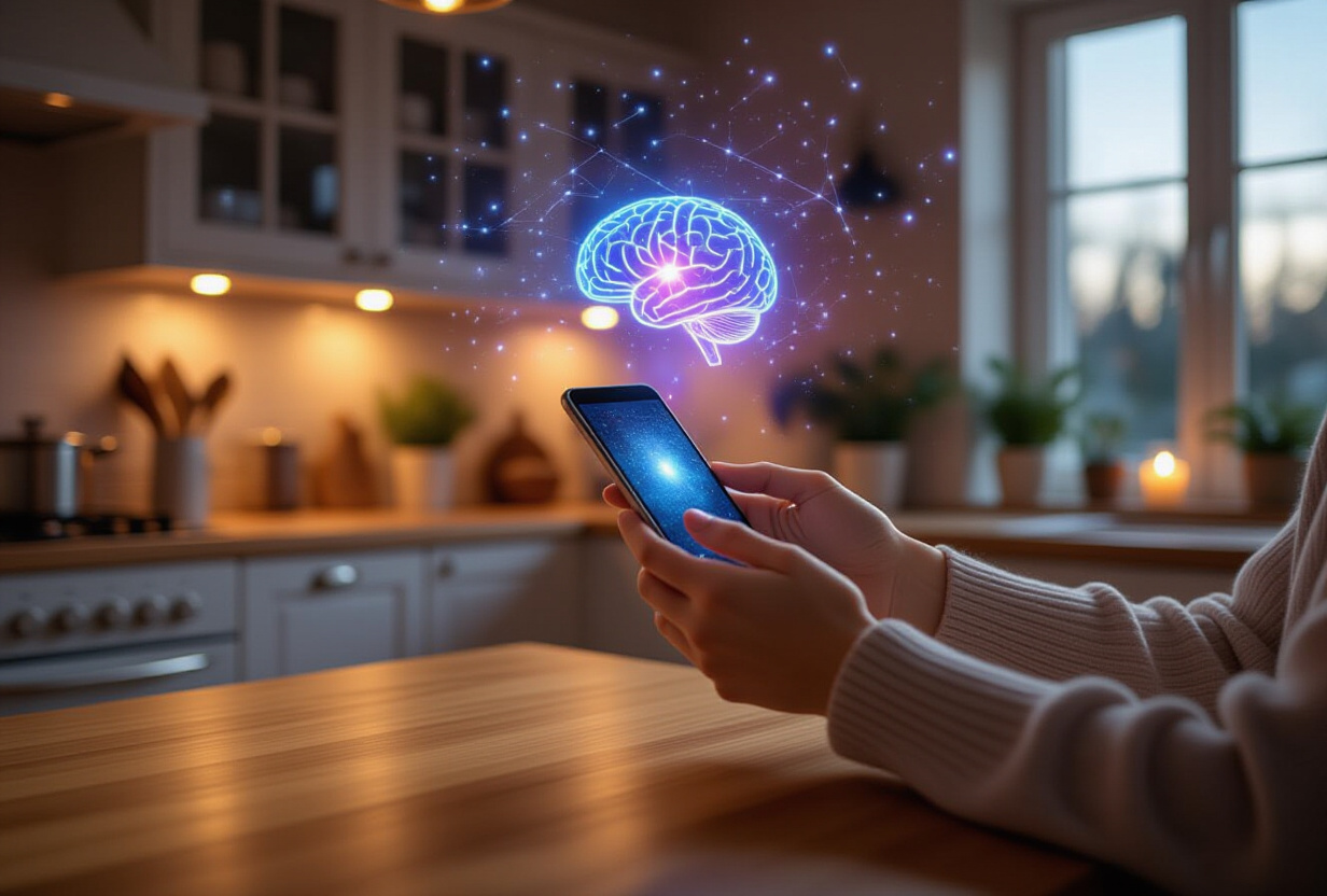 Hands holding a smartphone on a wooden table in a warm kitchen in the evening, with a faint constellation of purple and cyan neurons floating above the screen like a small galaxy representing the neural memory of a voice assistant