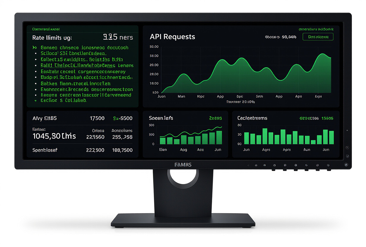 Ecran de terminal affichant des logs de rate limiting et un dashboard de metriques de requetes API