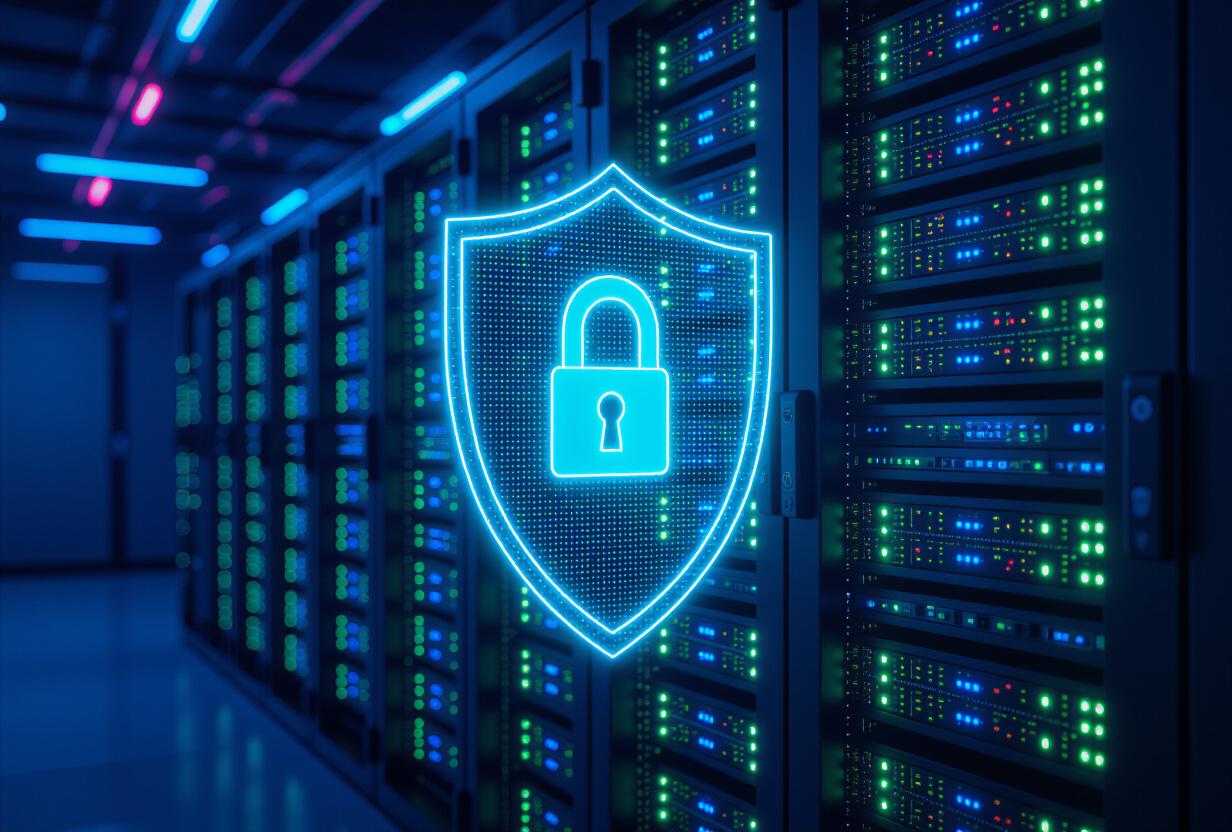Bouclier de securite numerique holographique flottant au-dessus de serveurs dans un datacenter moderne