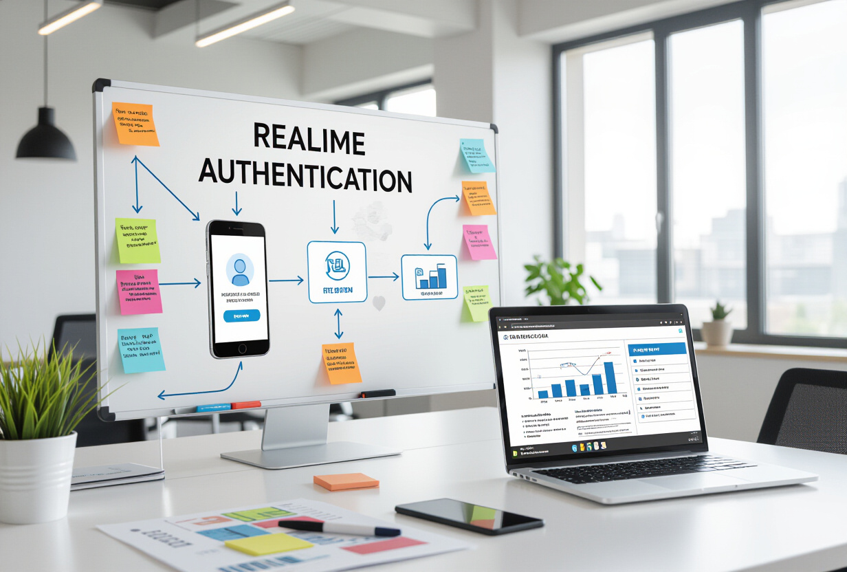 Diagramme architectural montrant le flux d'authentification temps reel entre une app mobile et un navigateur web