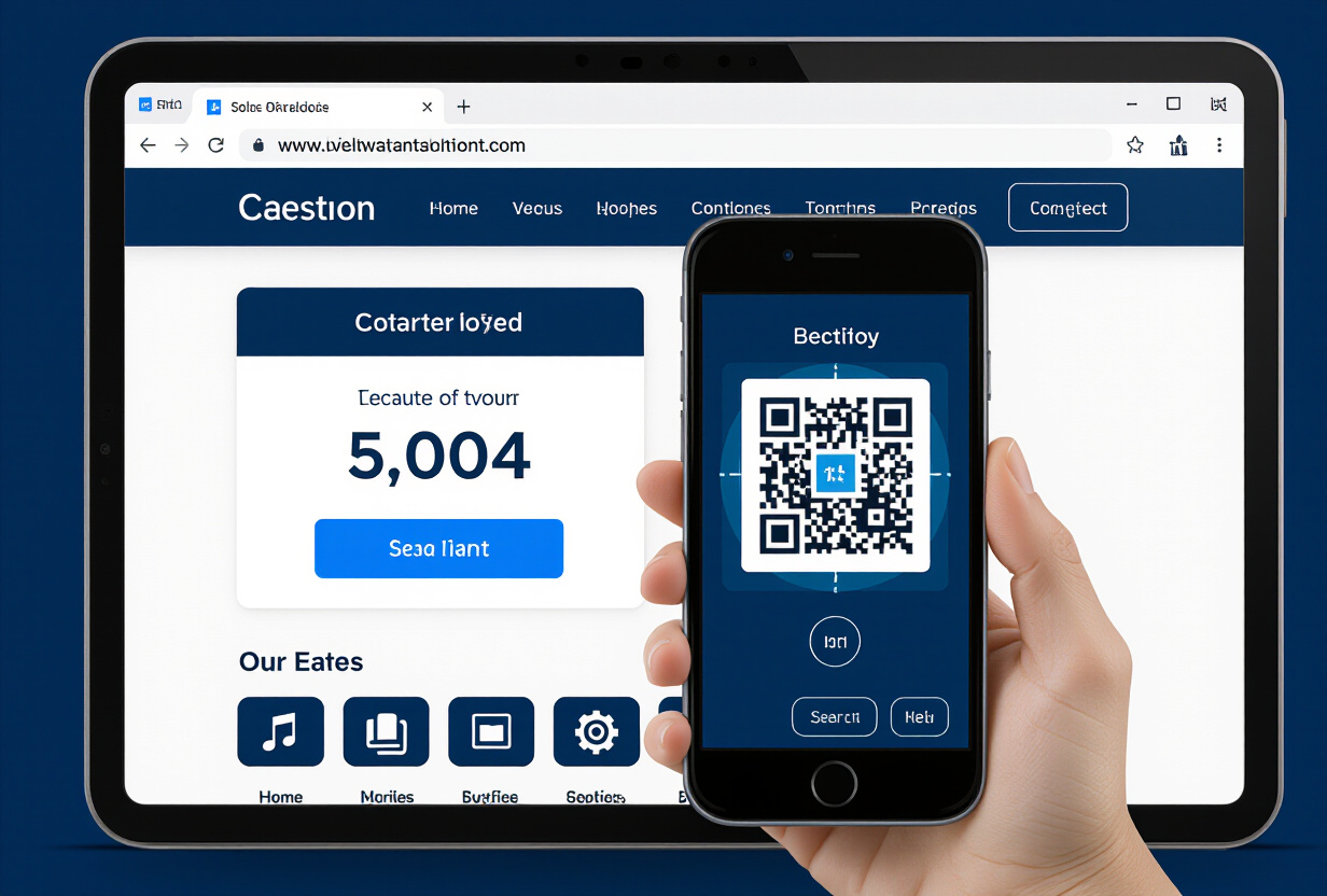 Double ecran montrant un countdown timer sur un navigateur web et un viewfinder de camera scannant un QR code sur smartphone