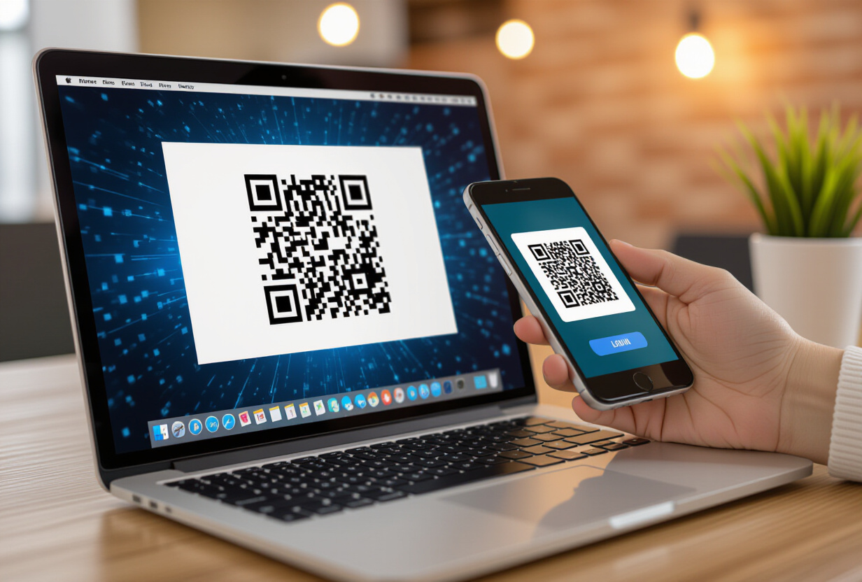 Personne scannant un QR code affiche sur un ecran de laptop avec son smartphone pour se connecter