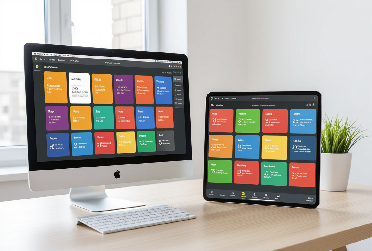 Écran desktop et tablette affichant la même interface de calendrier colorée avec des blocs d'événements synchronisés entre appareils