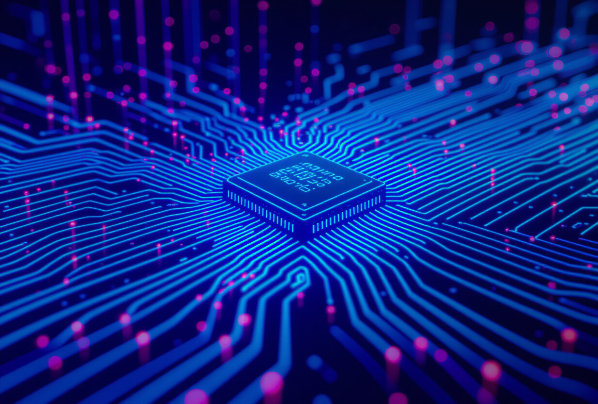 Visualisation abstraite d'un schéma de base de données avec des noeuds interconnectés et des flux de données, tons holographiques bleus et violets