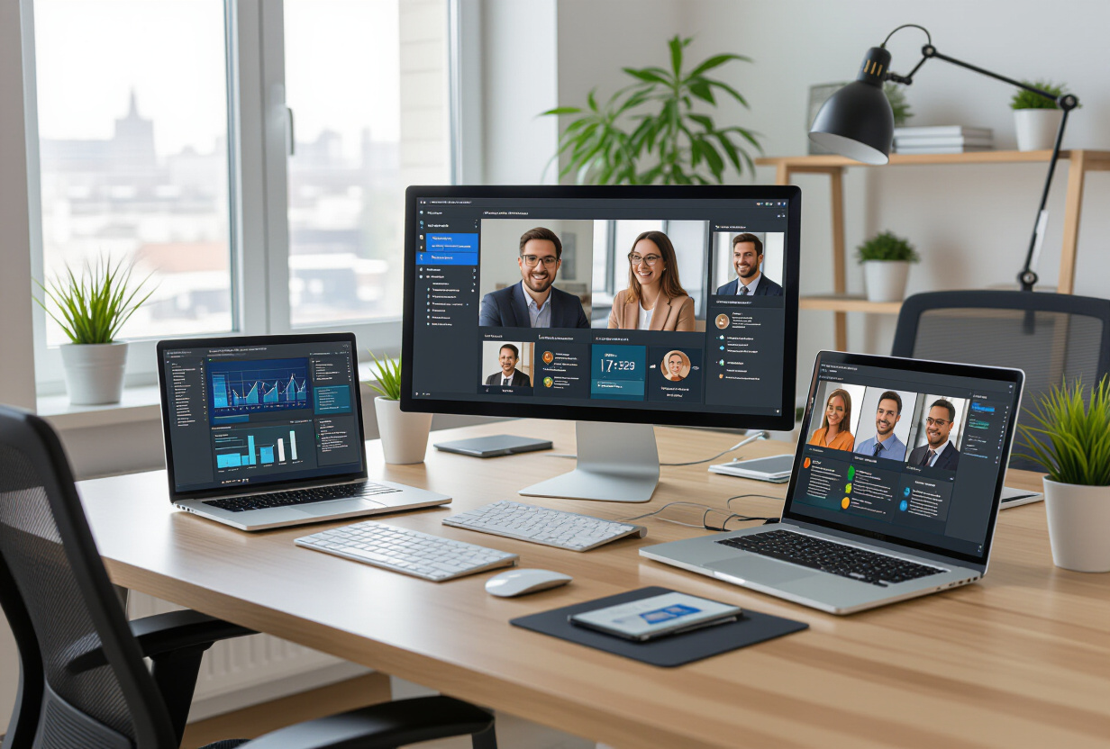 Vue plongeante sur un bureau moderne avec plusieurs appareils affichant une interface de gestion de tâches collaborative, avatars d'équipe visibles