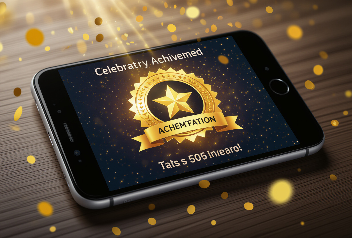 Écran de smartphone affichant un déblocage de récompense avec des confettis dorés et une icône de trophée brillante, thème sombre avec accents dorés