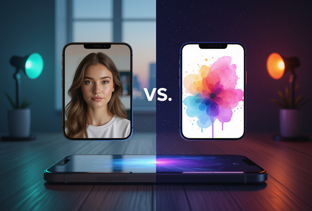 Écran partagé montrant deux images générées par IA côte à côte avec des styles visuels différents, photoréaliste et aquarelle, flottant au-dessus d'un smartphone