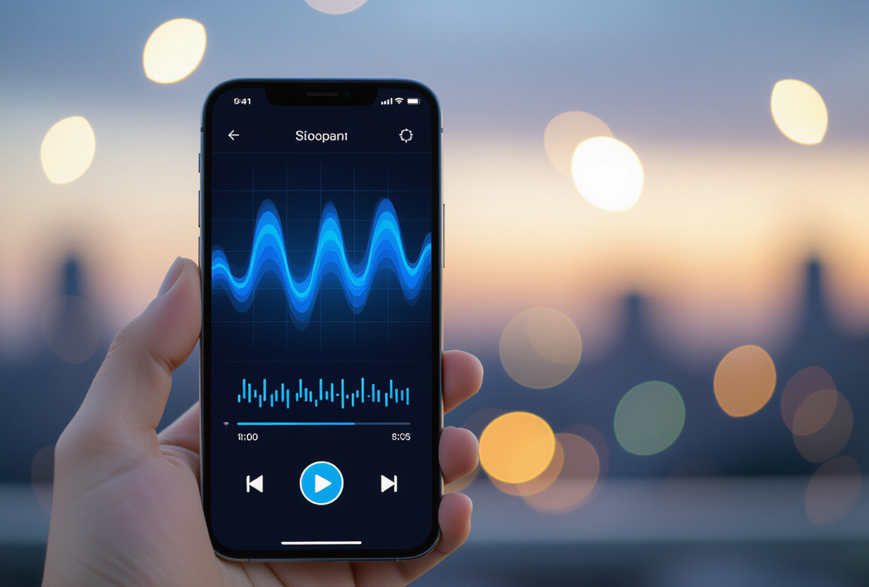 Main tenant un smartphone avec une interface compacte d'enregistrement vocal en bas de l'écran, visualisation d'onde sonore, interface sombre avec accents bleus