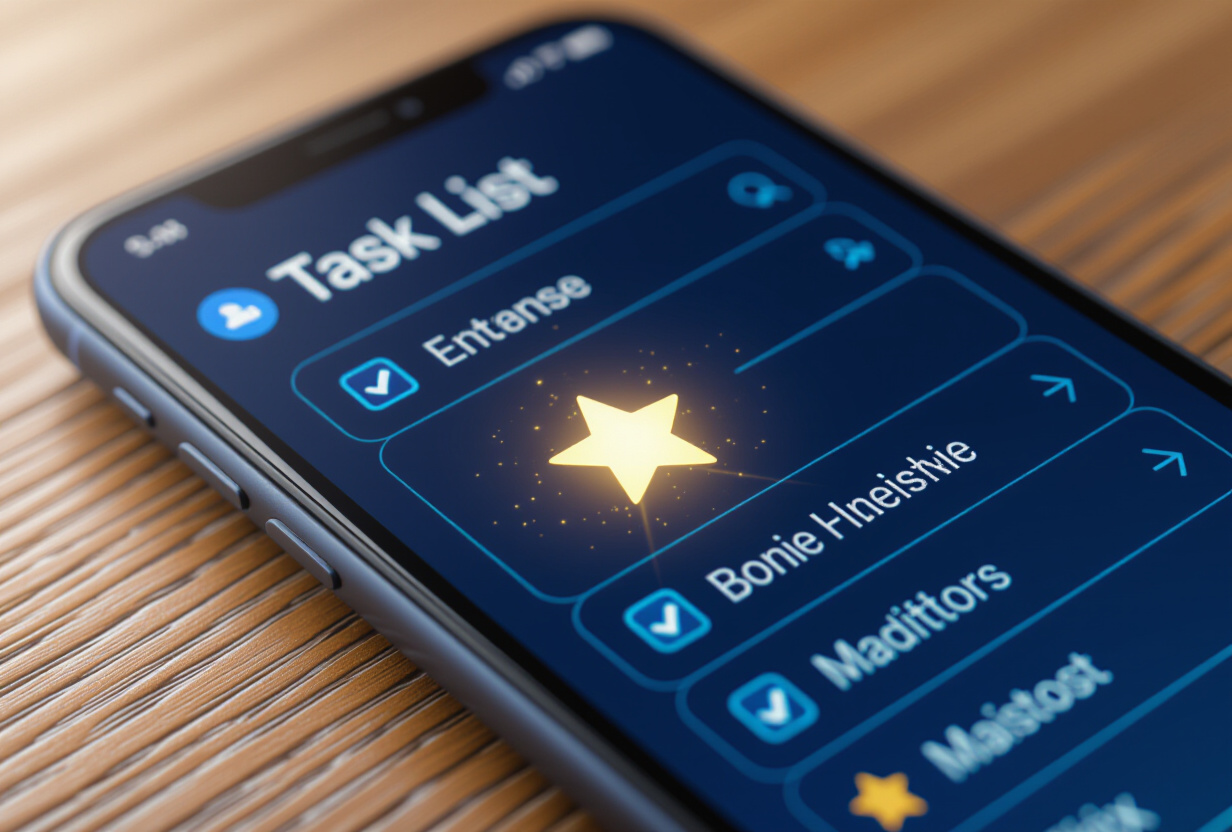 Écran de smartphone affichant une liste de tâches avec une animation d'étoile dorée brillante sur une carte, thème sombre avec accents bleus