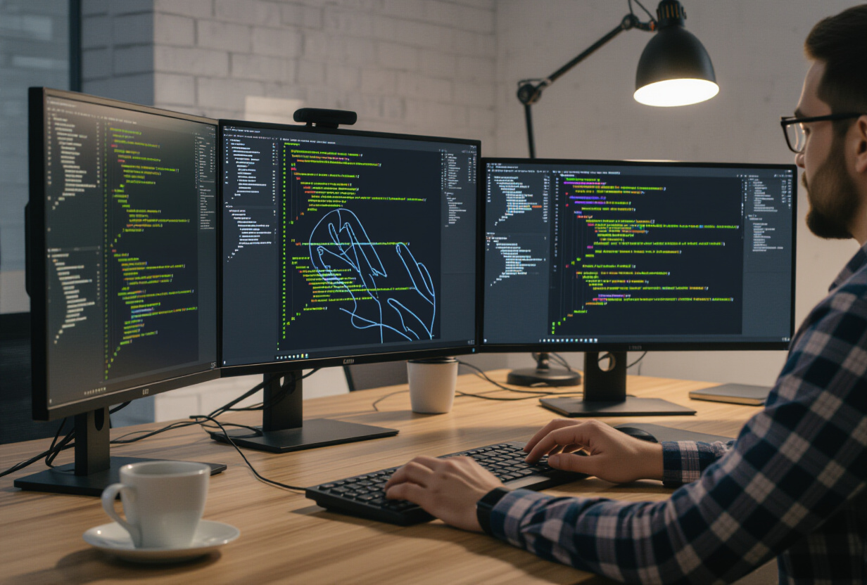Développeur debuggant des imports gesture handler sur plusieurs écrans avec du code React Native en thème sombre, session de programmation nocturne
