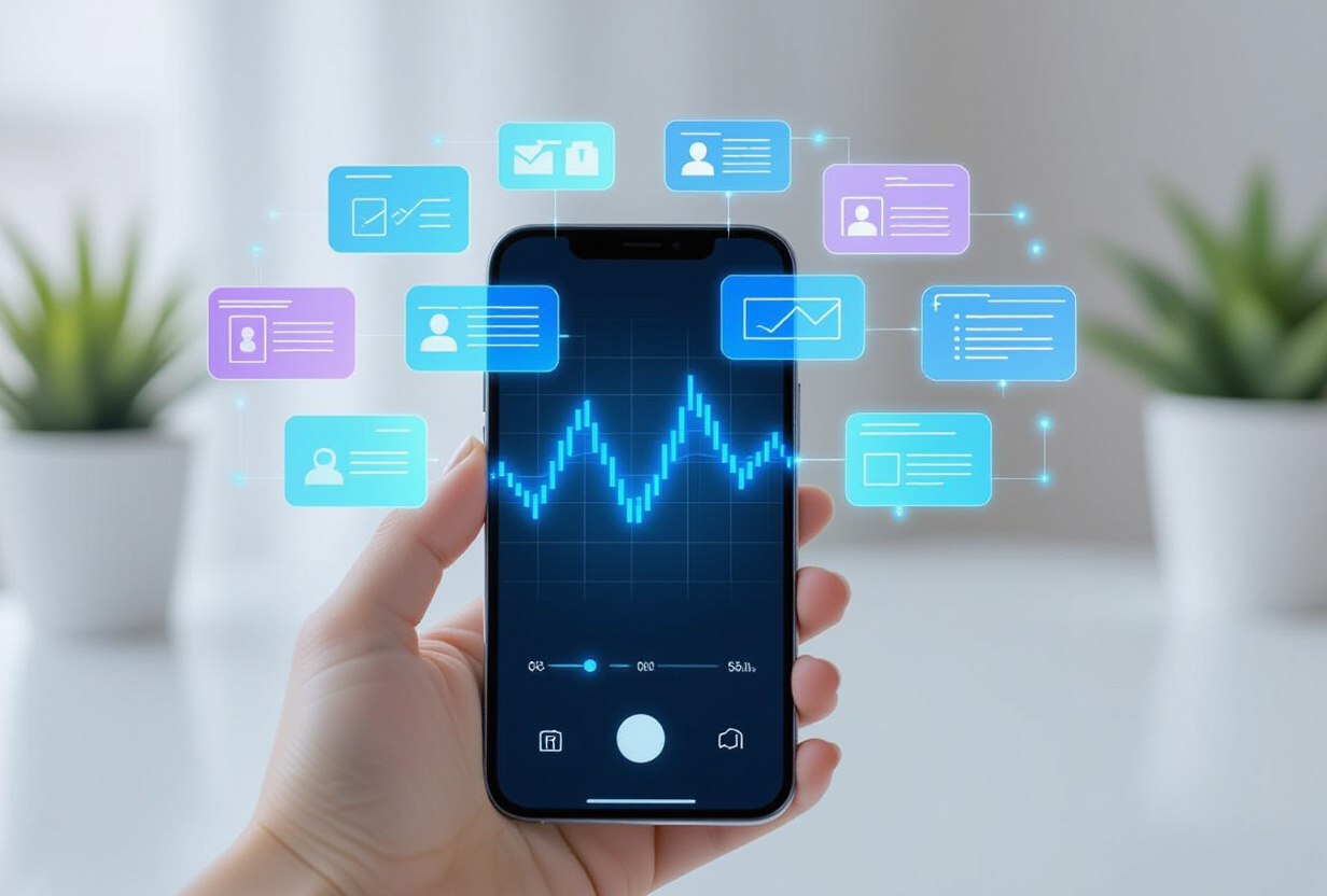 Main tenant un smartphone avec une onde vocale à l'écran, entouré d'icônes holographiques de fichiers et dossiers qui s'organisent automatiquement