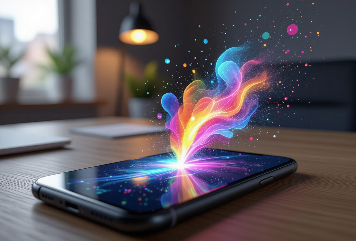 Smartphone affichant une image générée par IA qui s'intègre directement dans une carte de tâche, art numérique coloré émergeant de l'écran