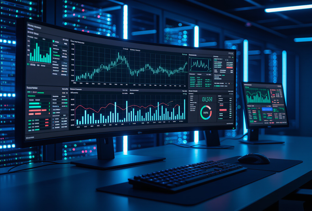 Centre de contrôle avec monitoring en temps réel affichant des graphiques, indicateurs de statut et alertes sur un écran ultrawide dans une ambiance tamisée bleue