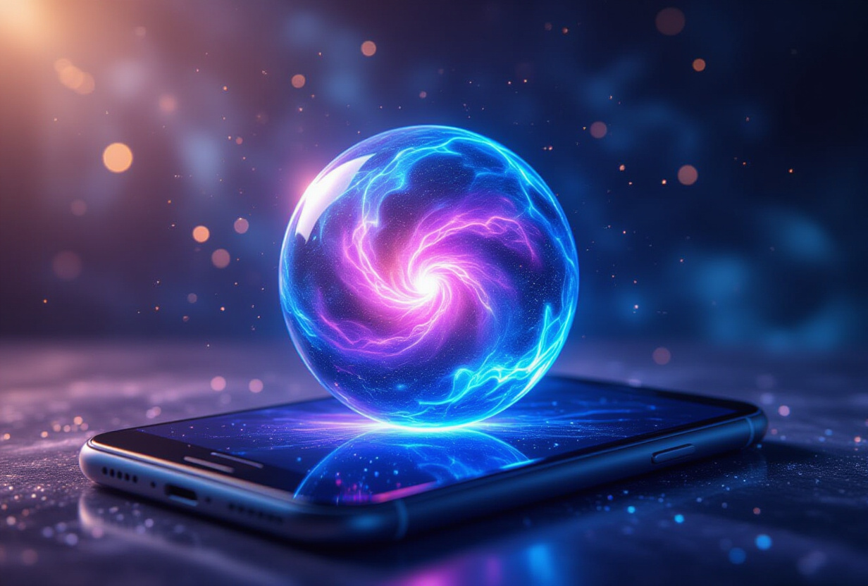 Orbe lumineux éthéré ressemblant à une nébuleuse flottant au-dessus d'un smartphone, particules bleues et violettes tourbillonnantes