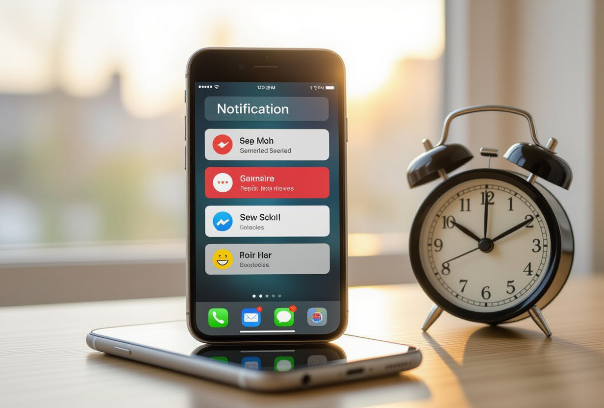 Smartphone sur un bureau affichant des badges de notification et des alertes de rappels empilées, réveil posé à côté, lumière matinale