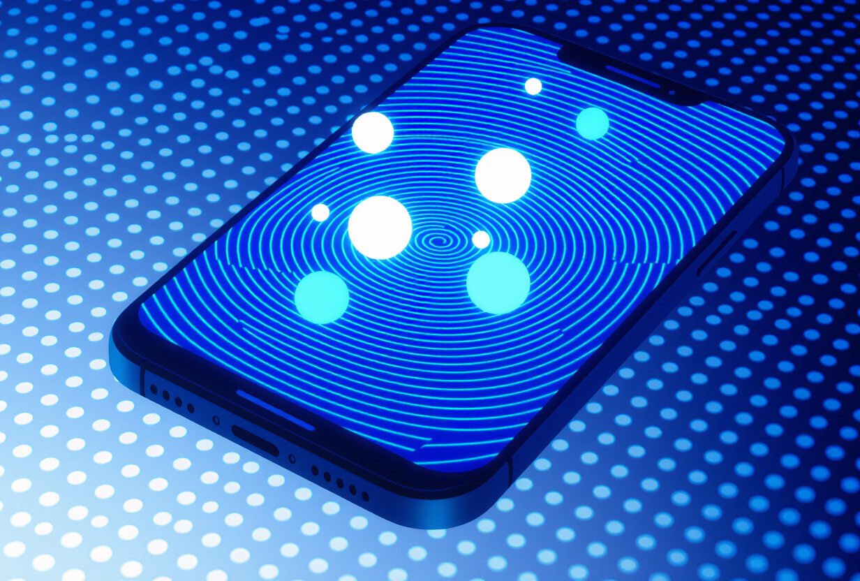 Système de particules animées sur un écran de téléphone montrant des cercles lumineux en mouvement sinusoïdal fluide, couleurs bleu et violet