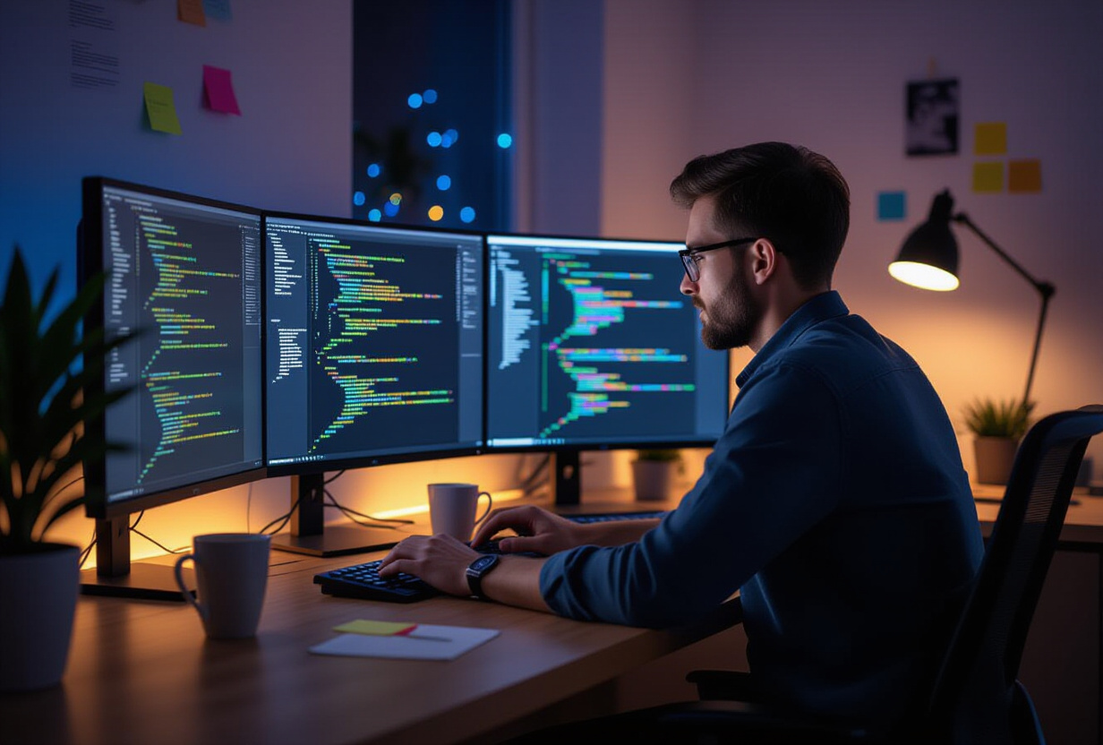 Développeur solo travaillant de nuit devant plusieurs écrans affichant du code et des dashboards, illustrant le travail invisible d'un sprint de stabilisation