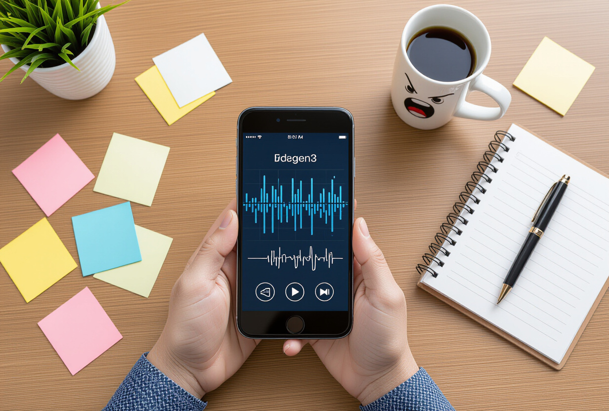 Bureau encombre de post-its a cote d'un smartphone affichant une interface vocale organisee