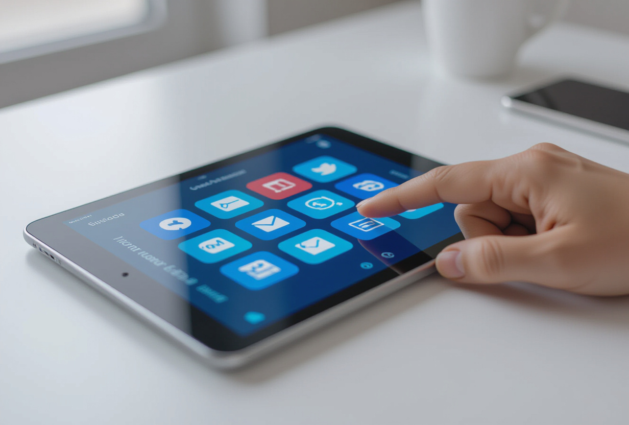 Ecran de tablette montrant une interface d'application mobile avec des icones d'onglets reorganisables par glisser-deposer