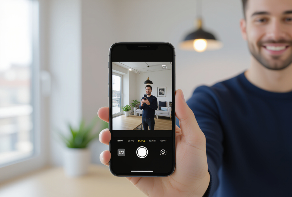 Personne tenant un smartphone en mode portrait pour enregistrer une video avec une interface de camera moderne