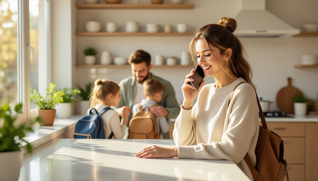 Elternteil in einer modernen Kueche diktiert Aufgaben ins Smartphone waehrend sich die Familie im Hintergrund organisiert