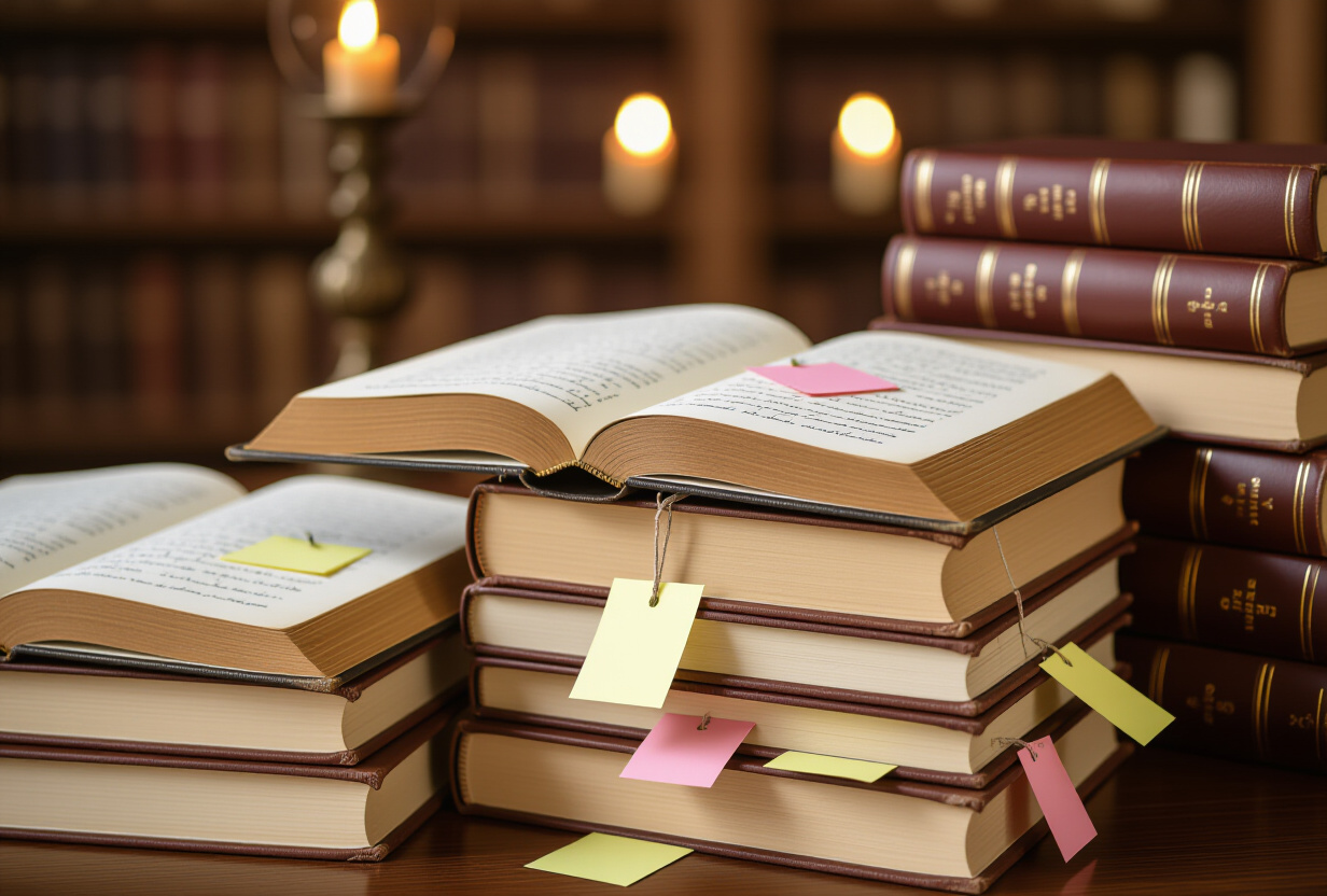 Pile de carnets et journaux avec des marque-pages et post-it, symbolisant la memoire et l'historique de conversation
