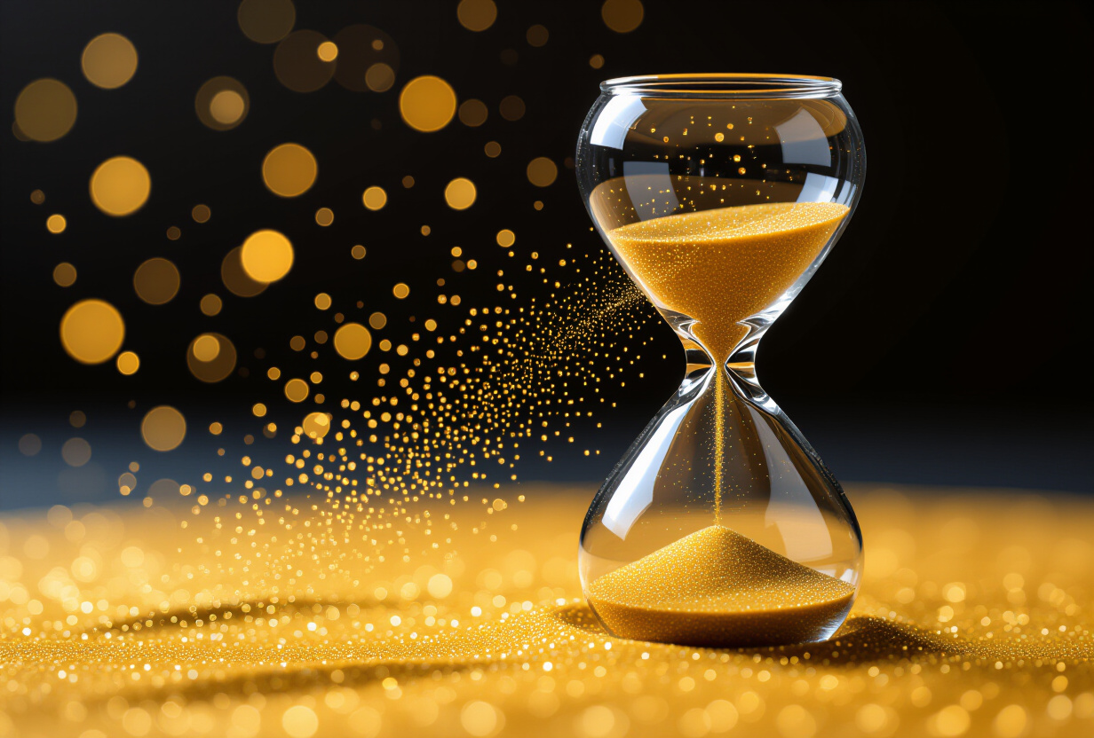 Sablier transparent rempli de sable dore et de particules numeriques, symbolisant le budget tokens