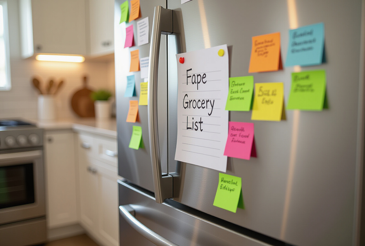 Porte de refrigerateur couverte de listes de courses manuscrites et de post-it colores