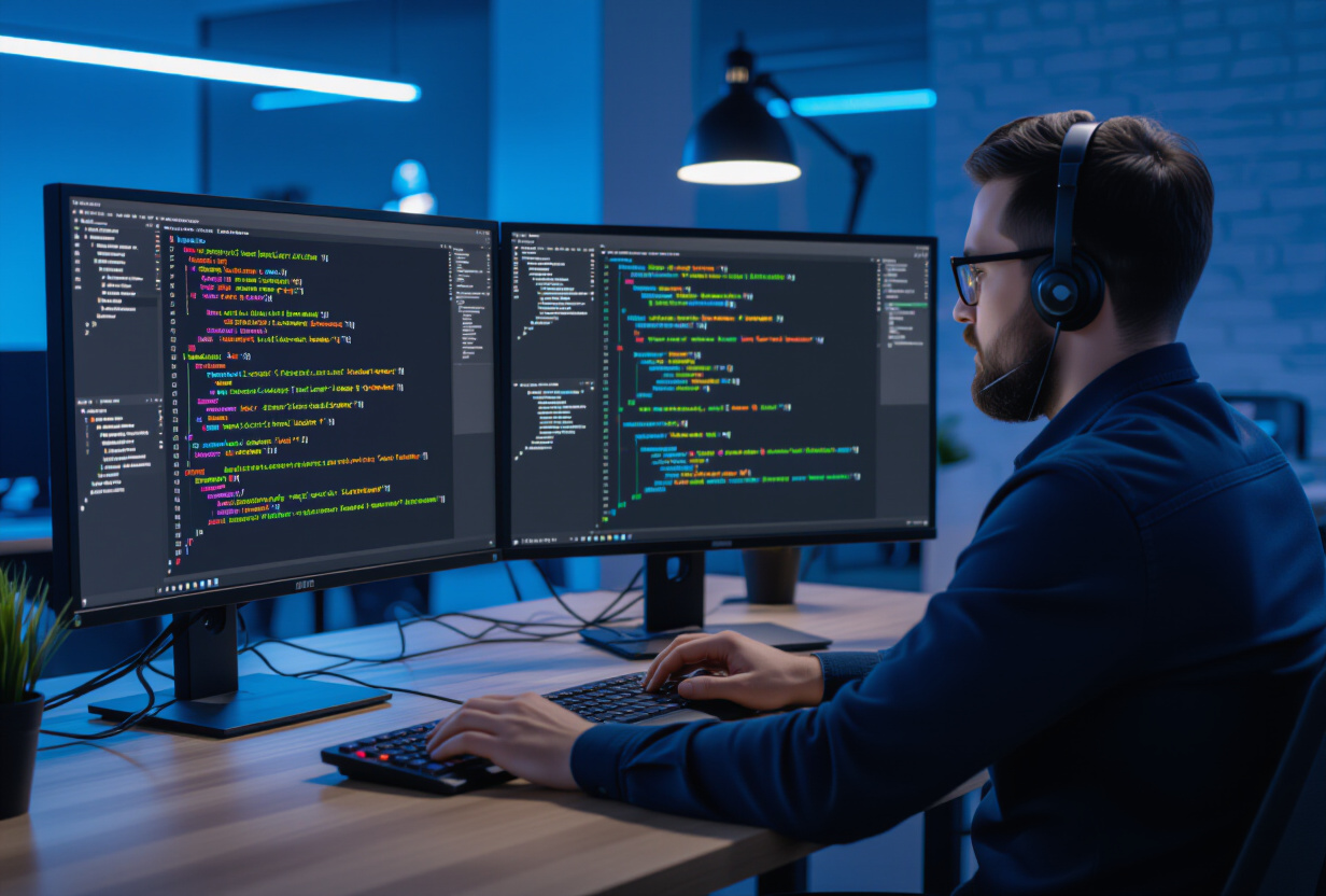 Developpeur debuggant du code sur deux ecrans de nuit avec logs de connexion WebSocket