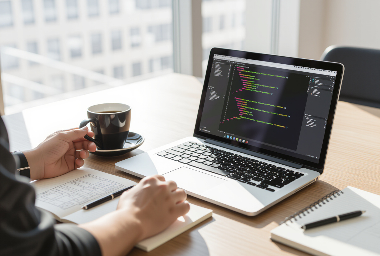 Developpeur configurant un nouveau projet sur un laptop avec les premieres lignes de code