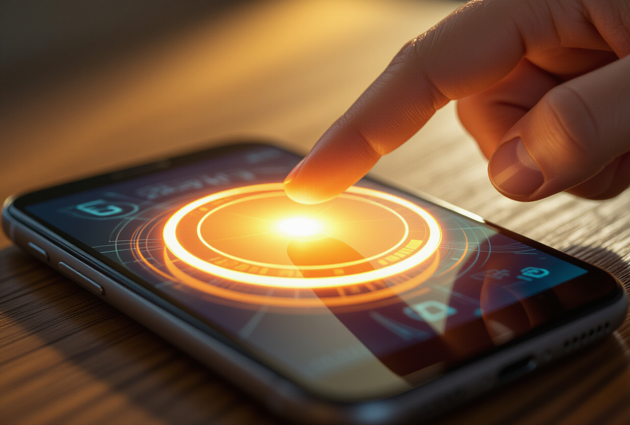 Main appuyant sur un bouton lumineux sur un ecran de smartphone, interaction tactile
