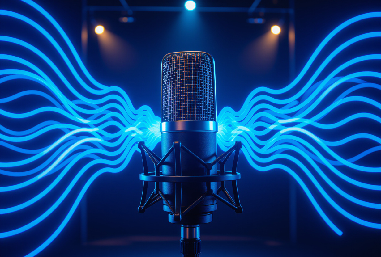 Microphone professionnel de studio avec des ondes sonores visualisees en anneaux de lumiere bleue