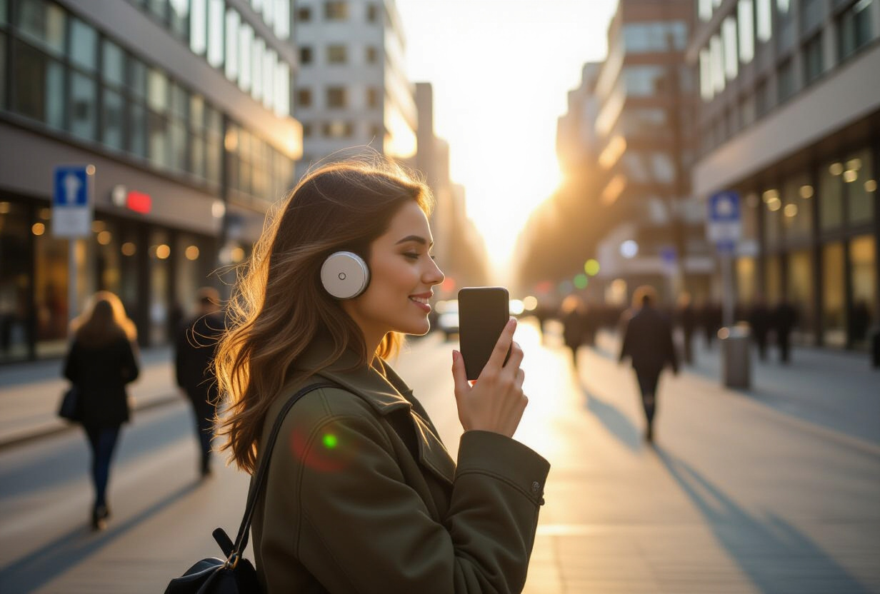 Personne parlant dans son smartphone en marchant dans une rue de ville au lever du soleil