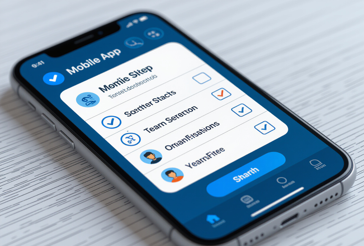Ecran de smartphone affichant une application mobile avec des elements de checklist interactifs et des indicateurs de collaboration
