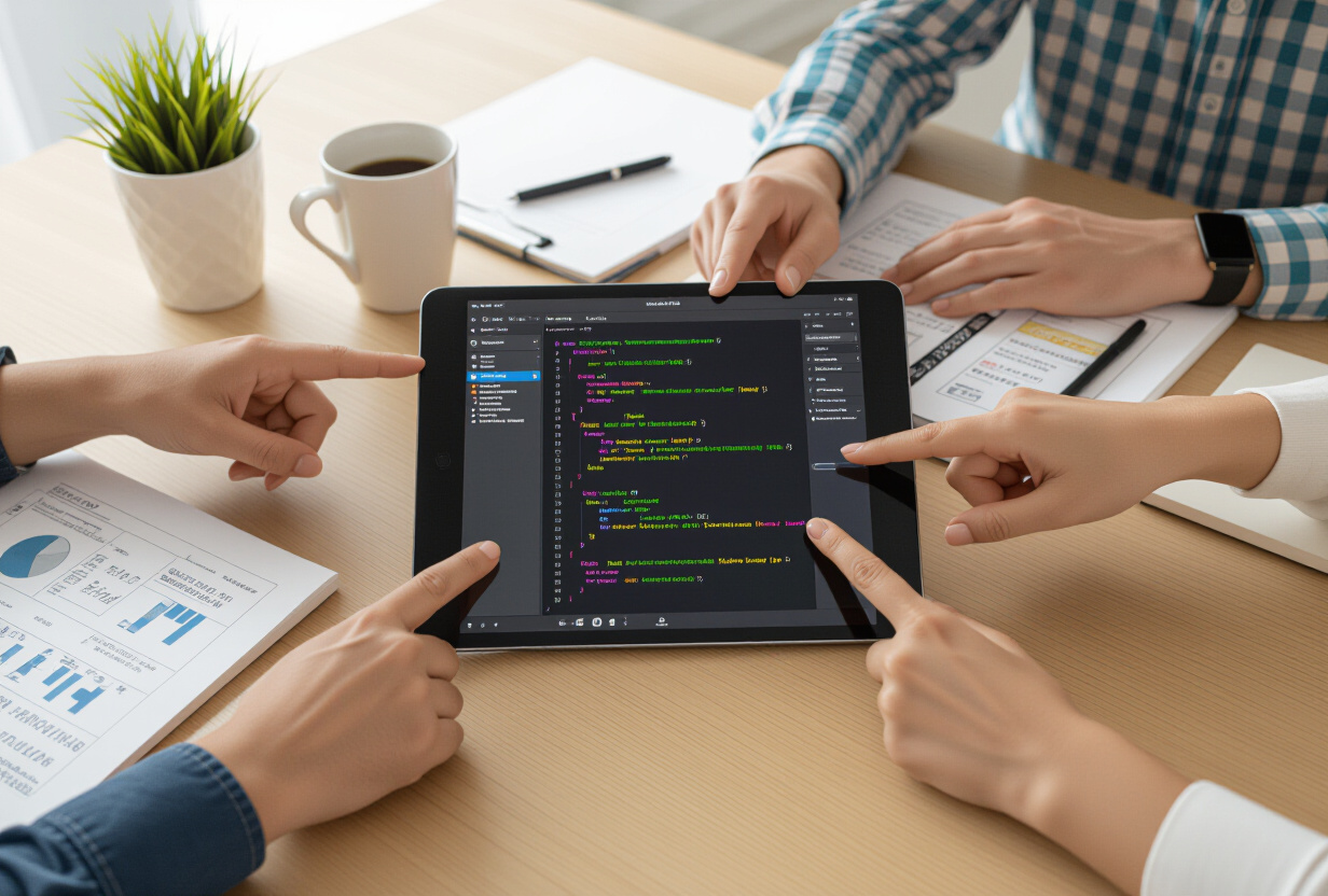Plusieurs personnes collaborant autour d'un document numerique partage sur tablette avec des indicateurs d'edition en temps reel