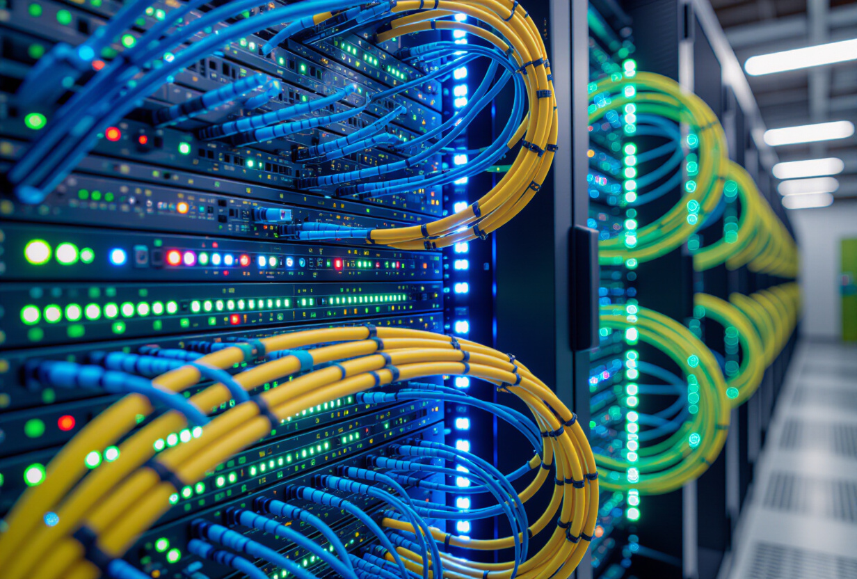 Salle de serveurs avec cables a fibre optique et indicateurs lumineux bleus et verts