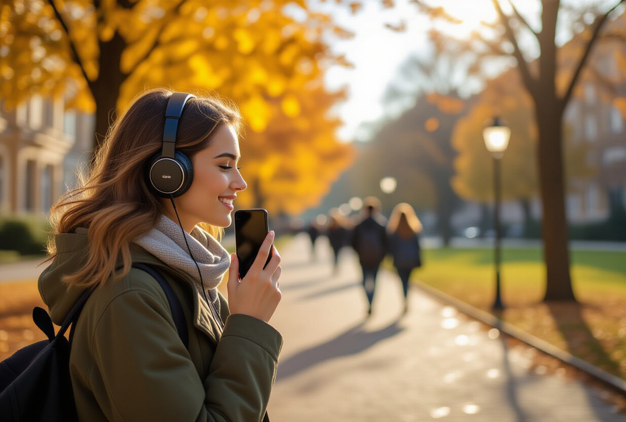 Etudiant marchant sur un campus universitaire en automne dictant des taches sur son smartphone