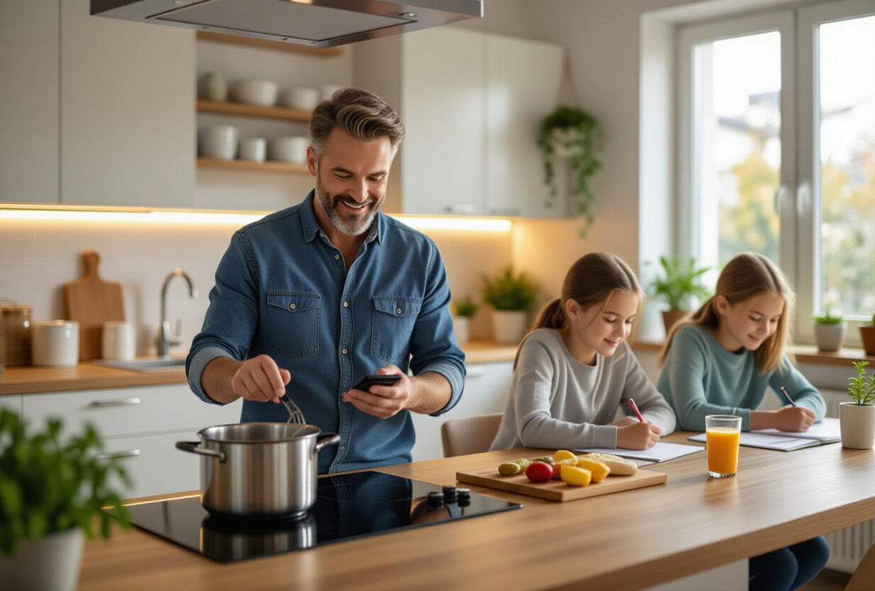 Famille dans une cuisine moderne utilisant un smartphone pour dicter des taches vocalement pendant la preparation du repas
