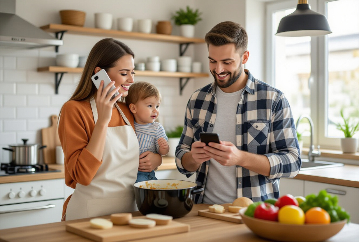 Famille dans une cuisine moderne utilisant une application vocale pour gerer les taches partagees
